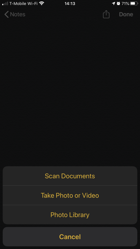 Scan Documents option after tapping Camera icon